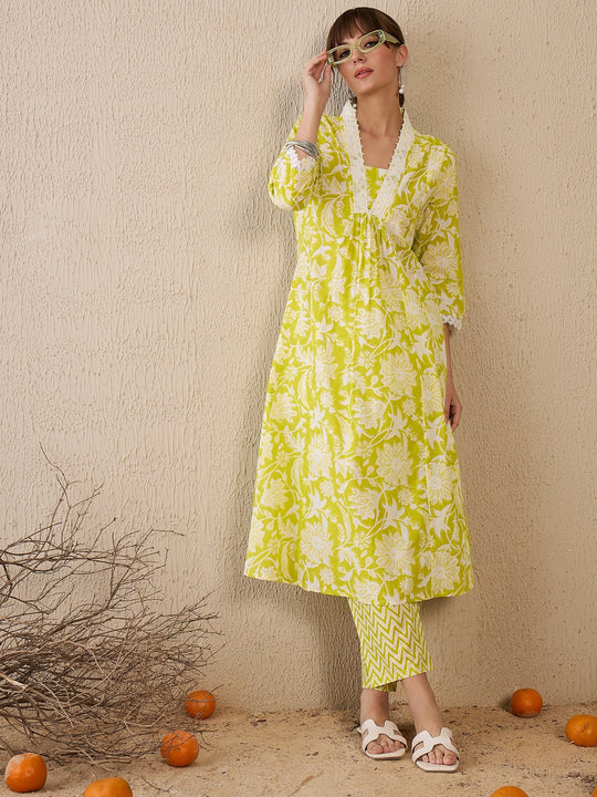 Indo Era Green Printed A-Line Kurta Trousers Set