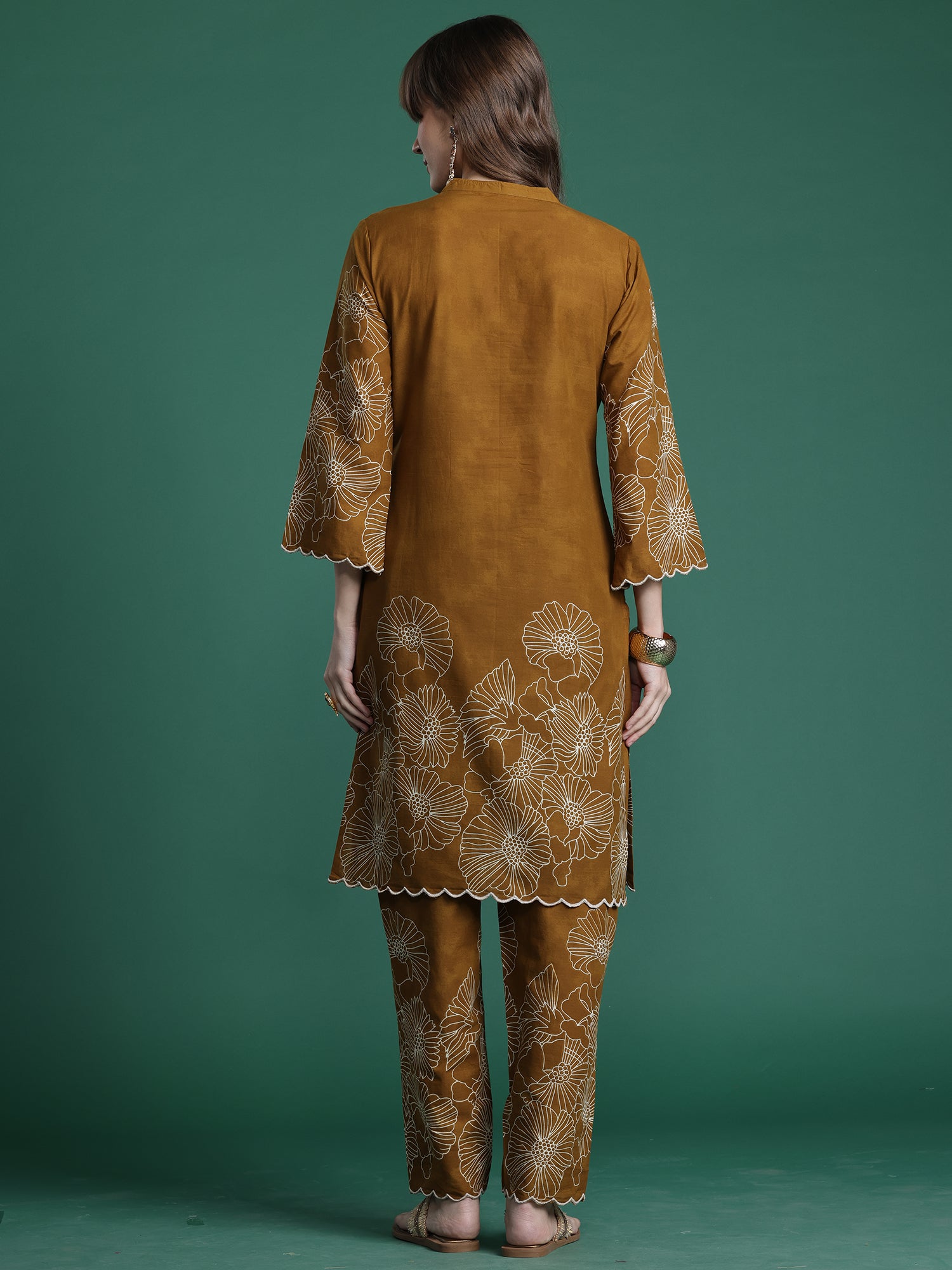 Indo Era Mustard Embroidered Straight Kurta Trousers Set