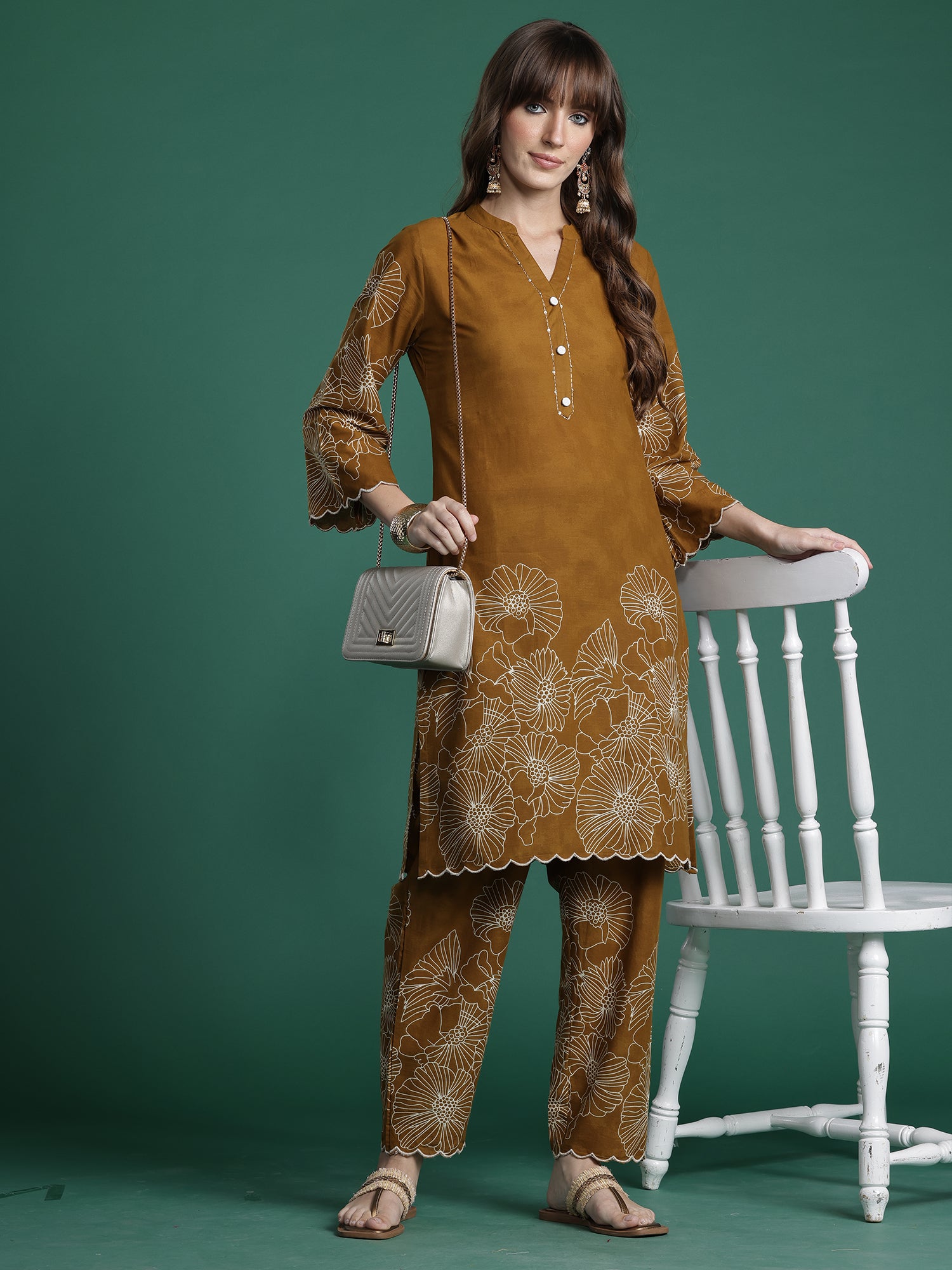 Indo Era Mustard Embroidered Straight Kurta Trousers Set
