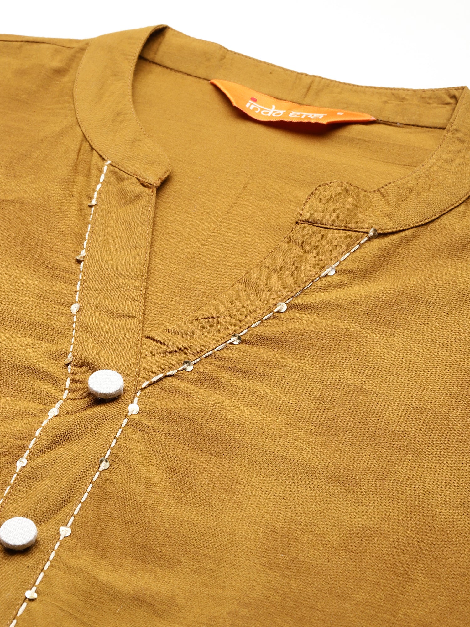 Indo Era Mustard Embroidered Straight Kurta Trousers Set