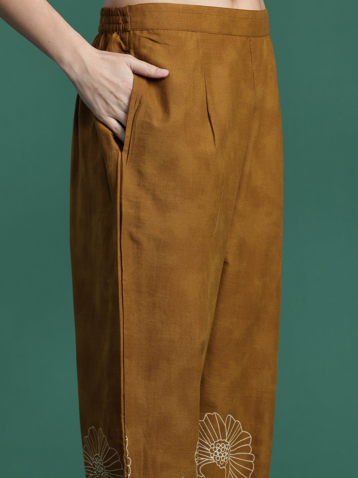 Indo Era Mustard Embroidered Straight Kurta Trousers Set