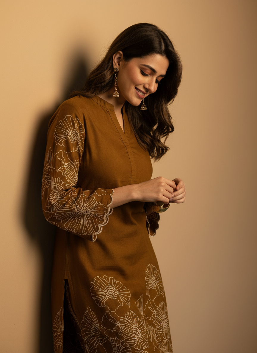 Indo Era Mustard Embroidered Straight Kurta Trousers Set