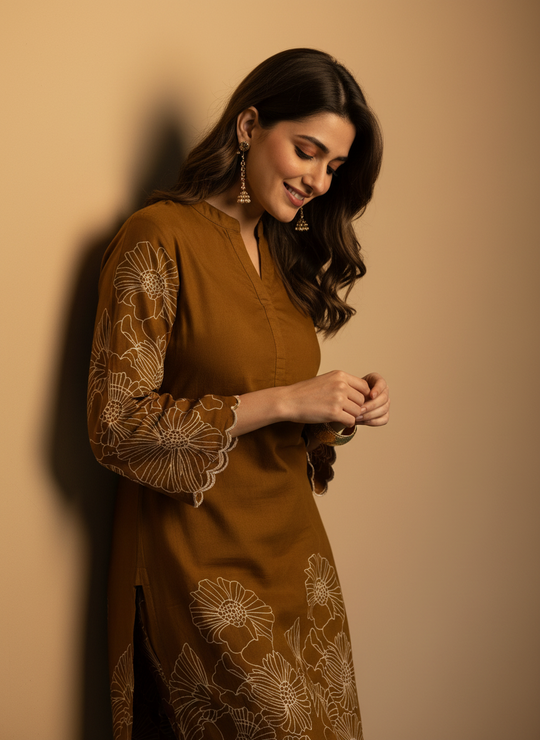 Indo Era Mustard Embroidered Straight Kurta Trousers Set