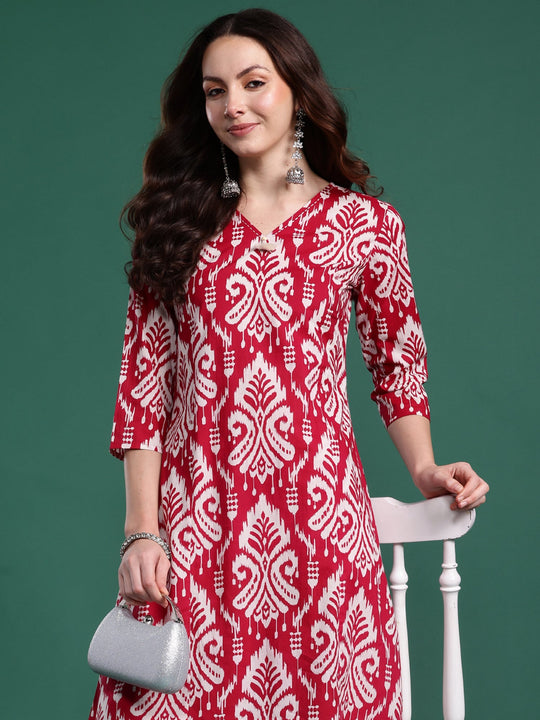 Pink Printed A-Line Cotton Kurta Trouser set