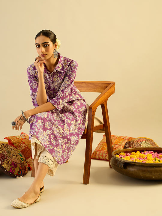 Indo Era Purple Printed Straight Kurta Palazzos set