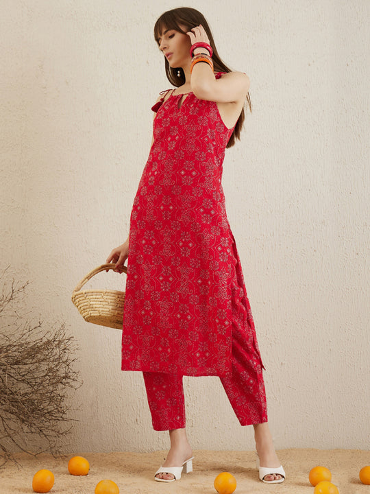 Indo Era Red Printed Straight Kurta Trousers set