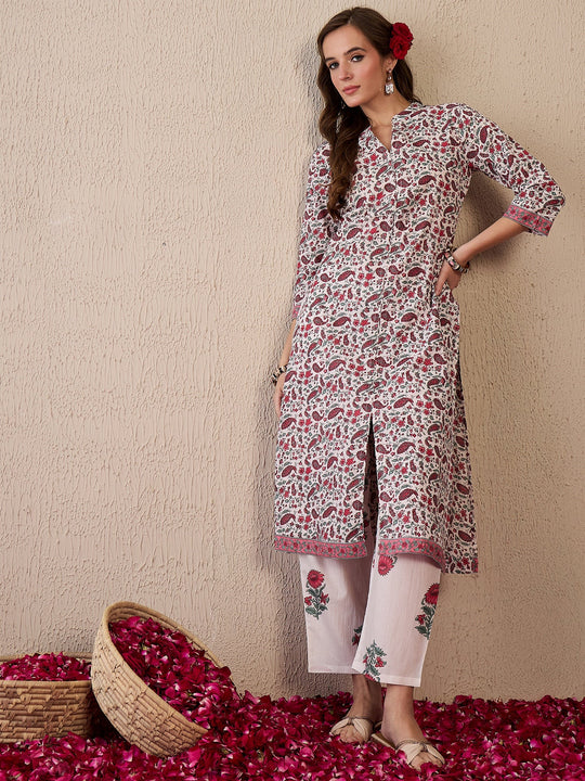 Indo Era White Printed Straight Kurta Trousers Set