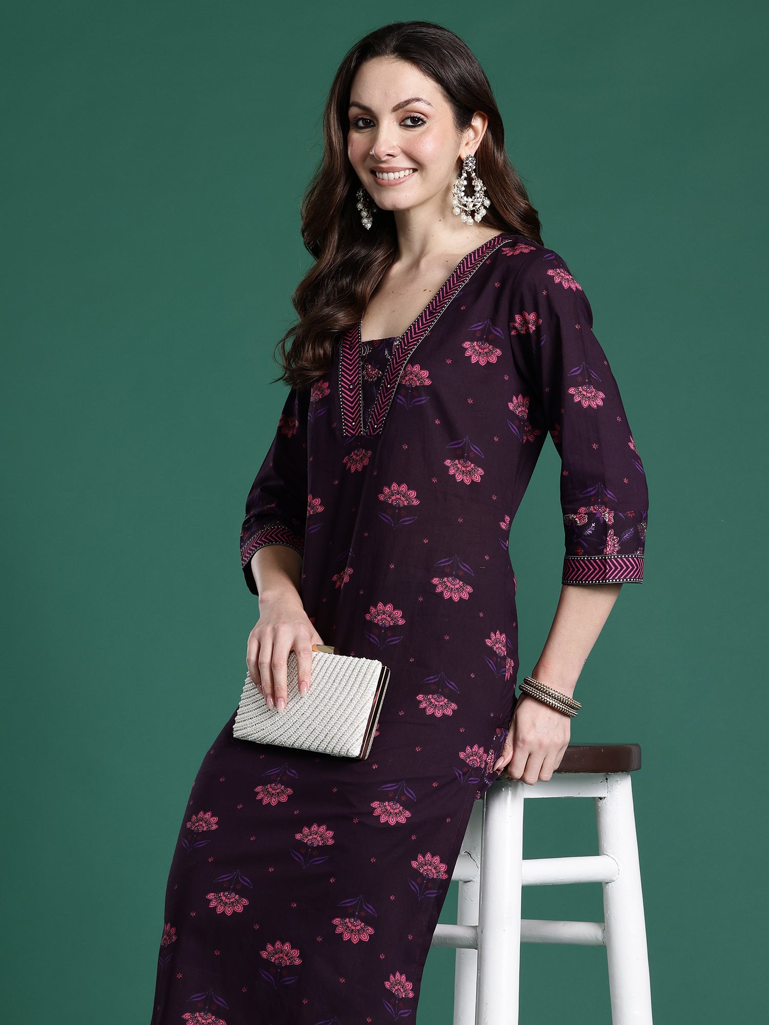 Indo era Burgundy Printed Straight Kurta Trousers Set