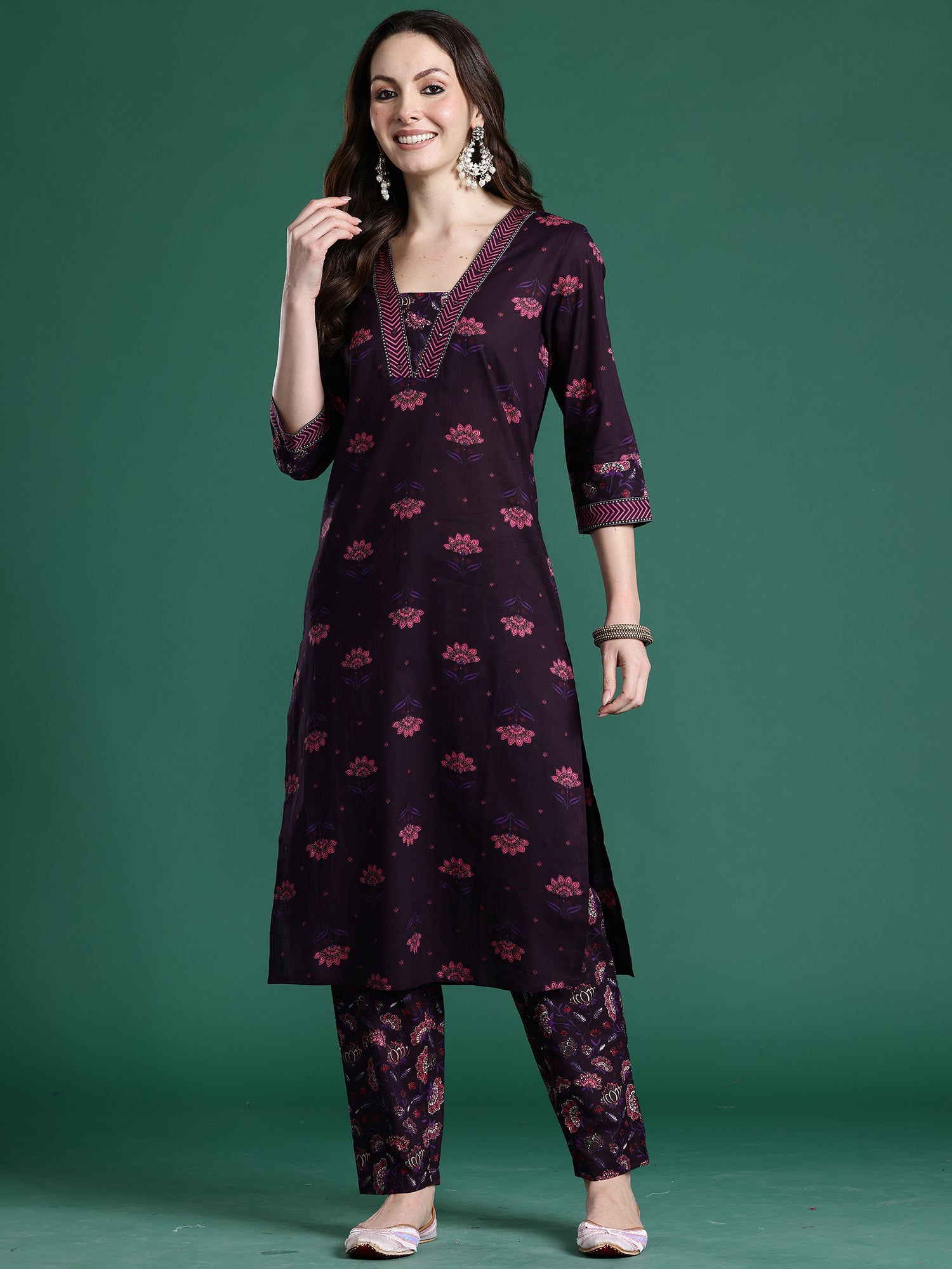 Indo era Burgundy Printed Straight Kurta Trousers Set