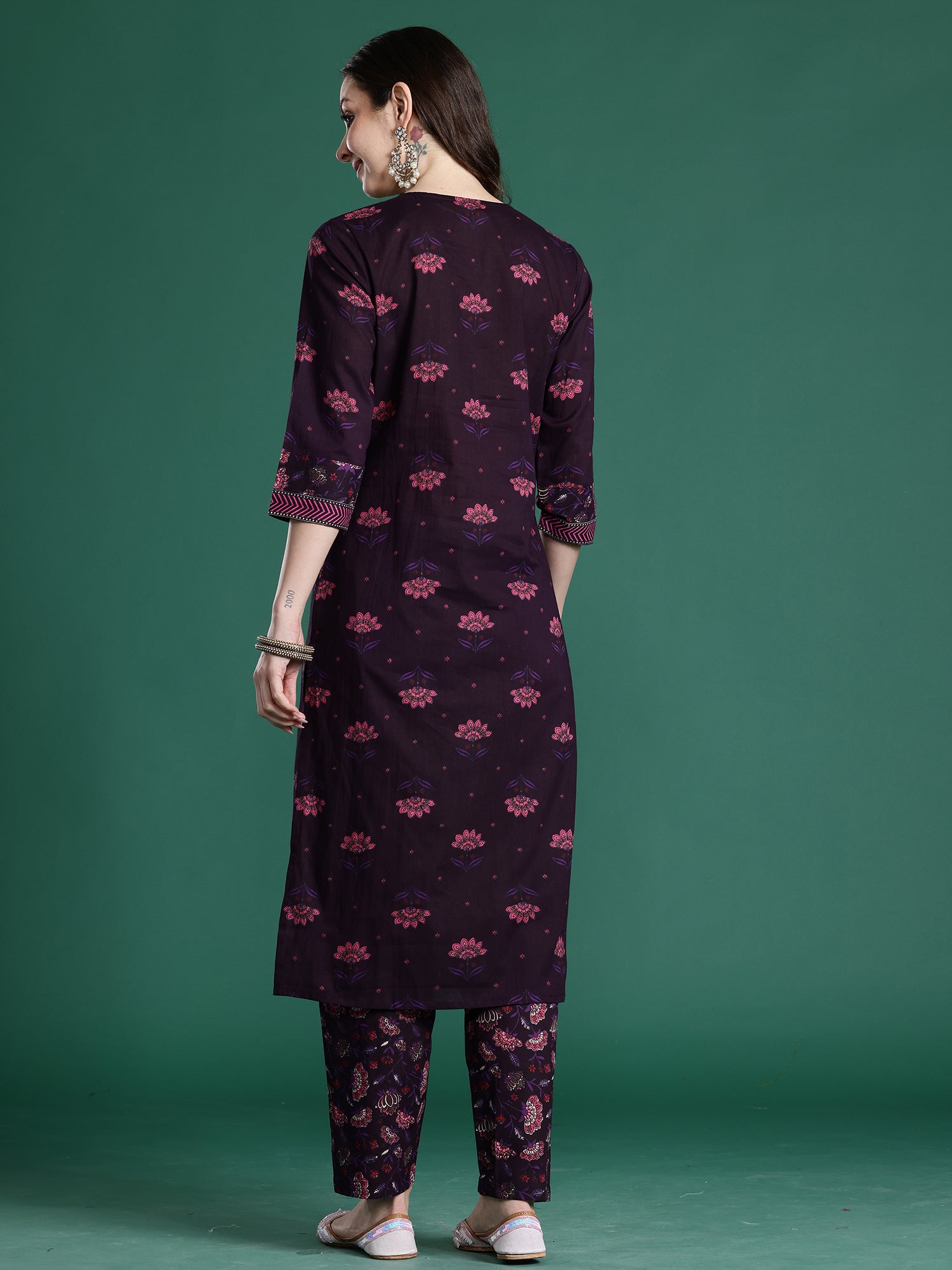 Indo era Burgundy Printed Straight Kurta Trousers Set