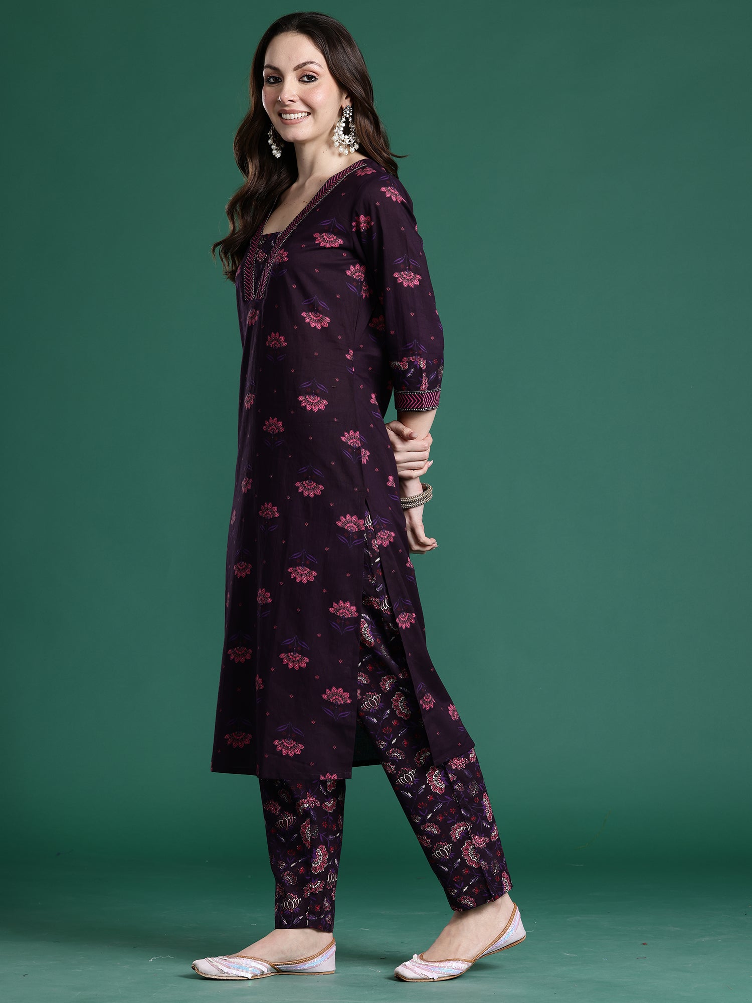 Indo era Burgundy Printed Straight Kurta Trousers Set