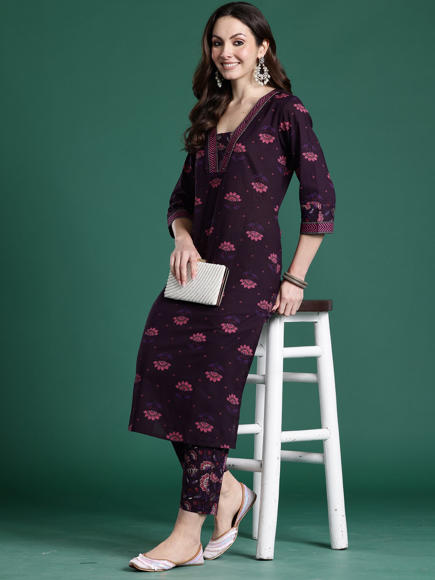 Indo era Burgundy Printed Straight Kurta Trousers Set