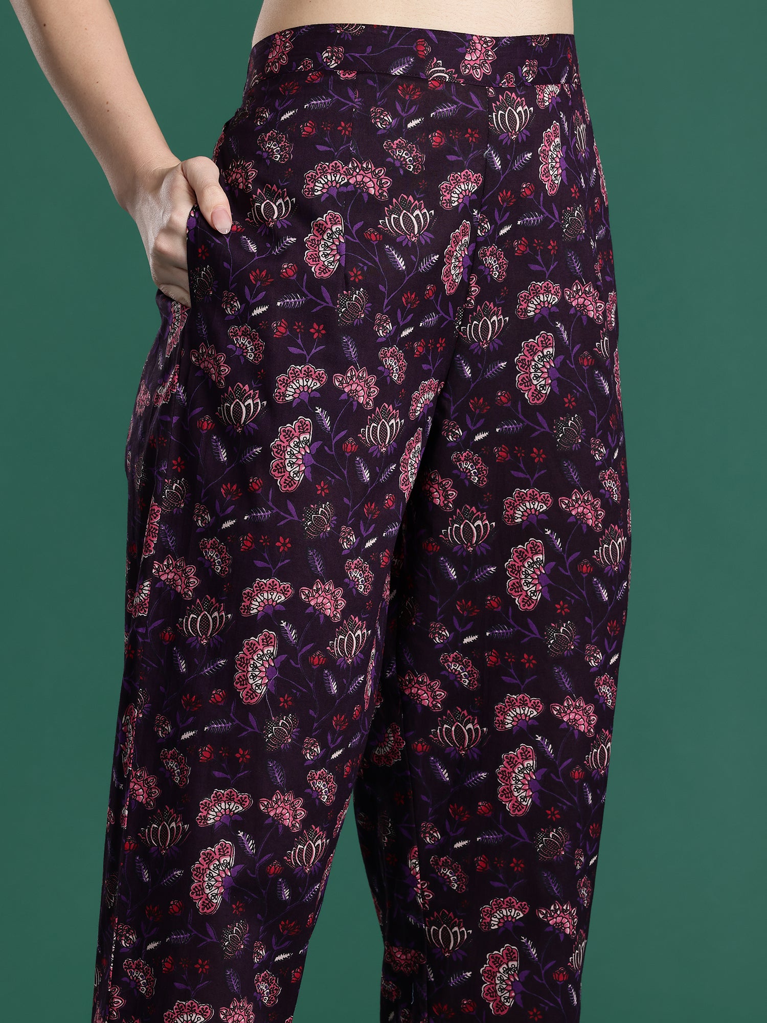 Indo era Burgundy Printed Straight Kurta Trousers Set