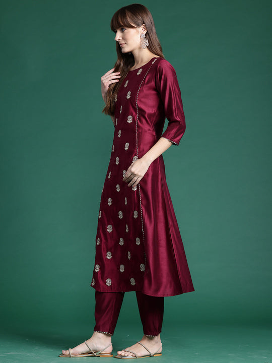 Indo Era Burgundy Embroidered A-Line Kurta Trousers set