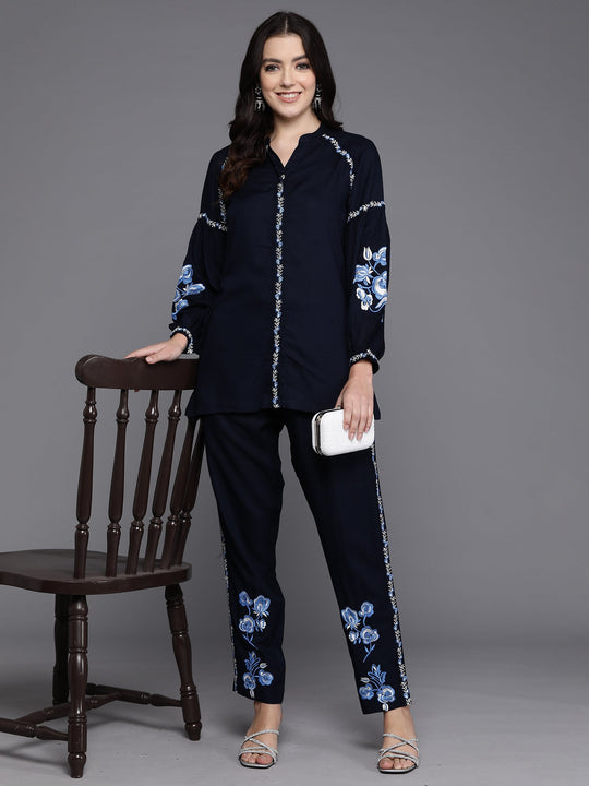 Indo Era Blue Embellished Smart Casual Co-Ords set