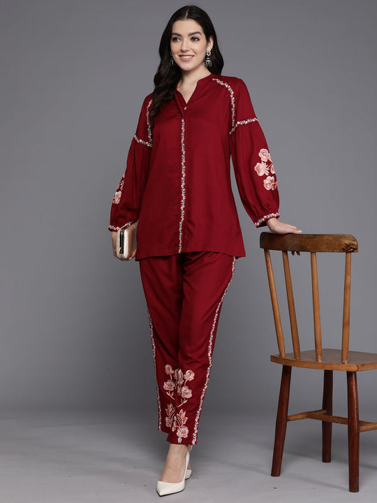 Indo Era Maroon Embellished Smart Casual Co-Ords set