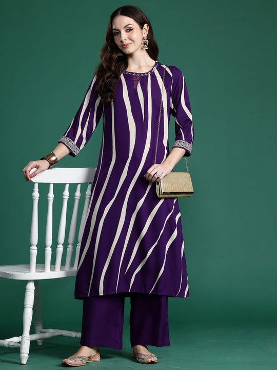Indo Era Purple Printed Straight Kurta Palazzos Set