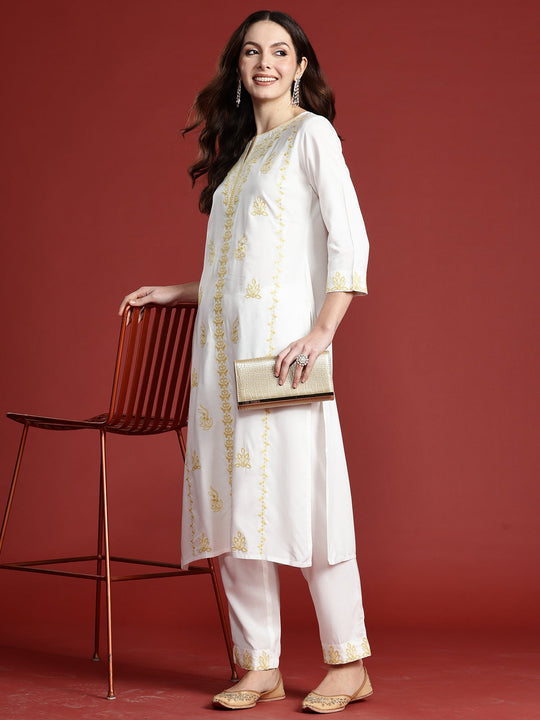 Indo Era White Embroidered Straight Kurta Trousers Set