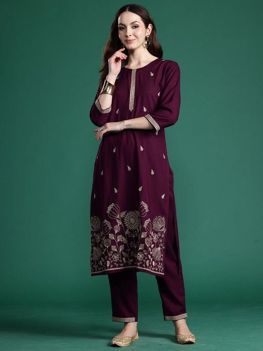 Indo Era Burgundy Embroidered Straight Kurta Trousers Set