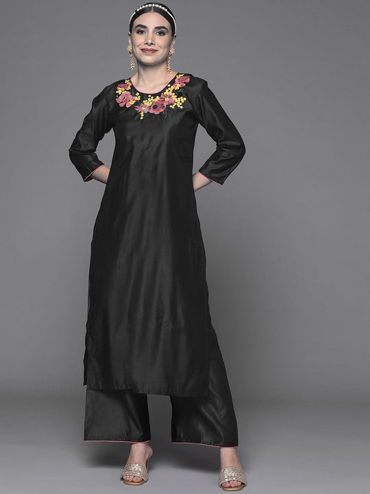 Indo Era Black Embroidered Straight Kurta Plazzo Set