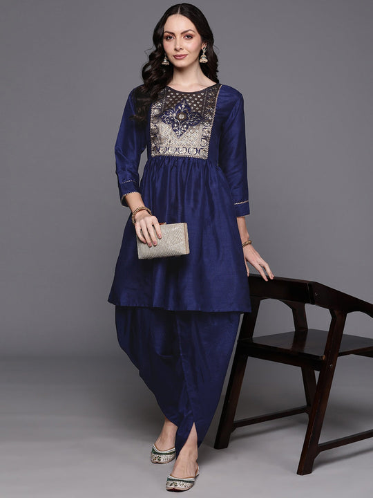 Indo Era Blue Yoke Design A-Line Kurta Dhoti Pants Set