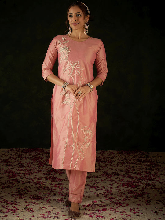 Indo Era Peach Embroidered Straight Kurta Trousers set