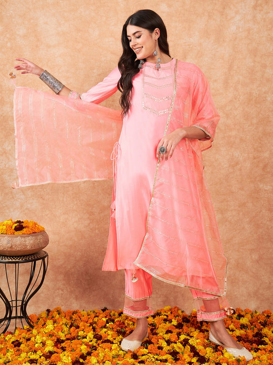 Indo Era Pink Embroidered A-Line Kurta With Trouser Set