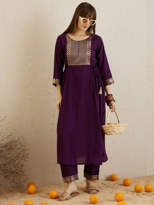 Indo Era Purple Yoke Design A-Line Kurta Trousers set