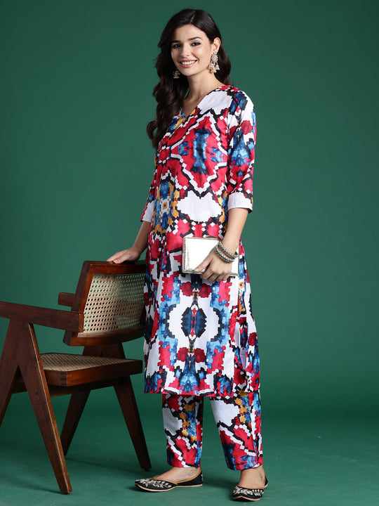 Indo Era White Printed Straight Kurta Trousers  Set
