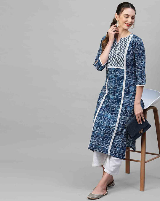 Indo Era Blue Printed Straight Kurta
