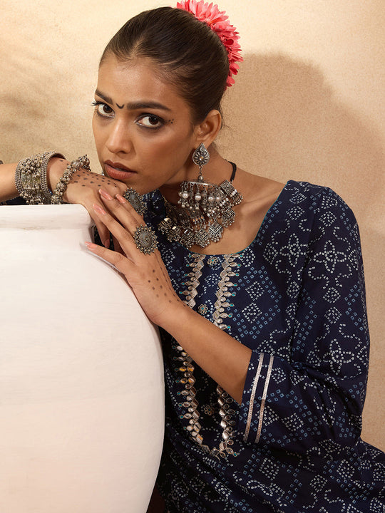 Indo Era Blue Printed Straight Kurtas