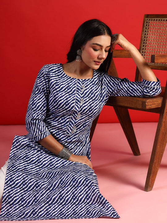 Indo Era Blue Printed Straight Kurtas