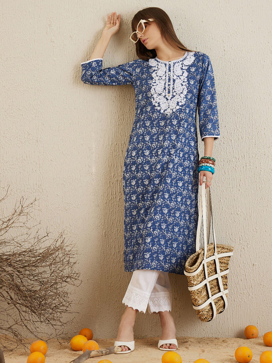 Indo Era Blue Printed Straight Kurtas