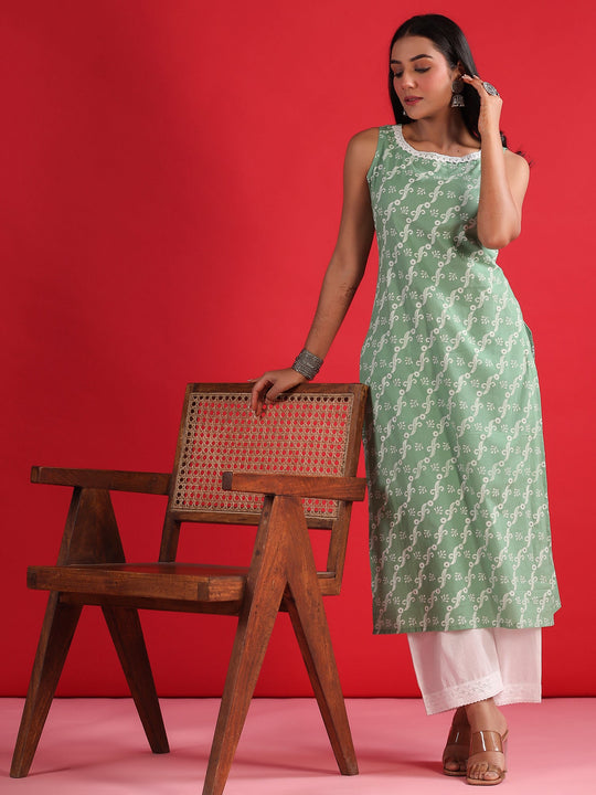 Indo Era Green Printed Straight Kurtas