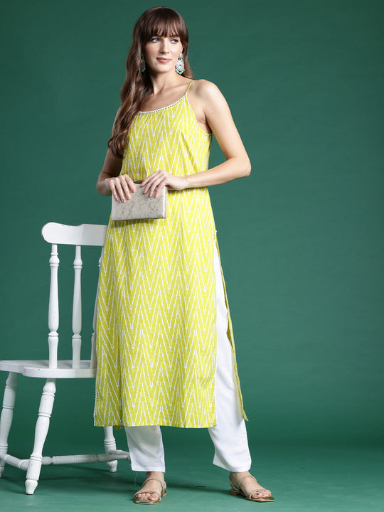 Indo Era Green Printed Straight Kurtas