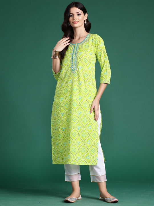 Indo Era Green Printed Straight Kurtas