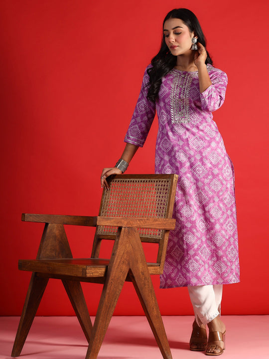 Indo Era Lavender Printed Straight Kurtas