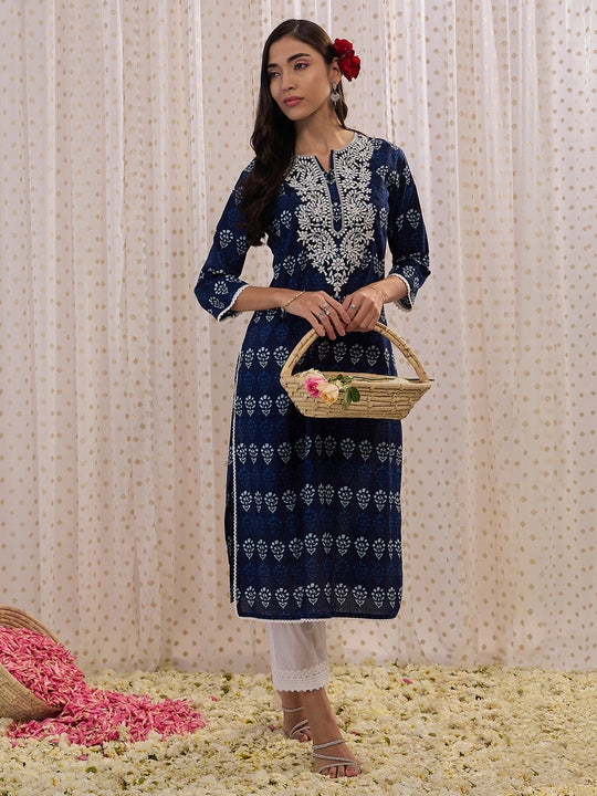 Indo Era Navy Blue Printed Straight Kurtas