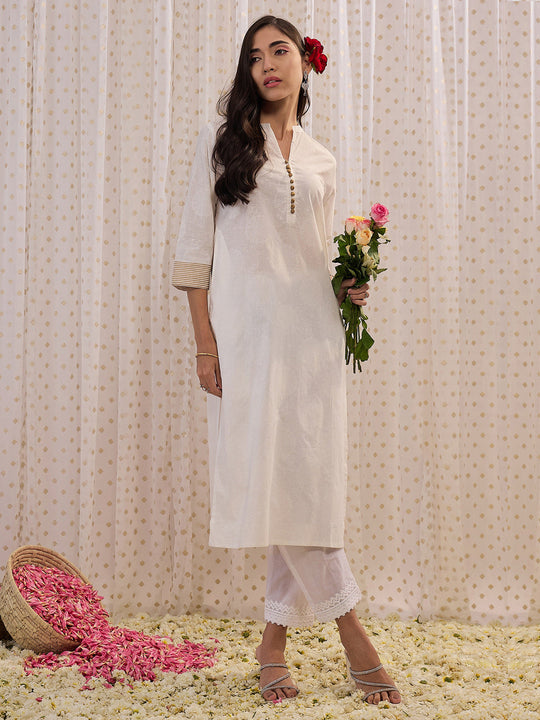 Indo Era Off White Printed Straight Kurtas