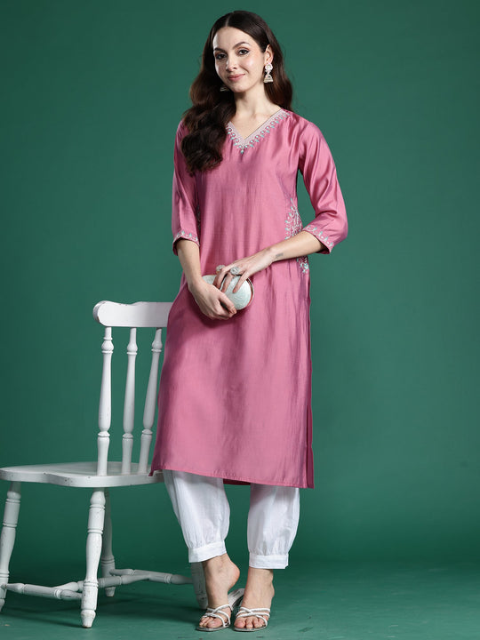Indo Era Pink Embroidered Straight Kurtas
