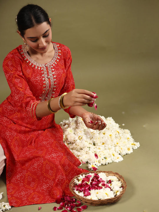 Indo Era Red Printed Straight Kurtas