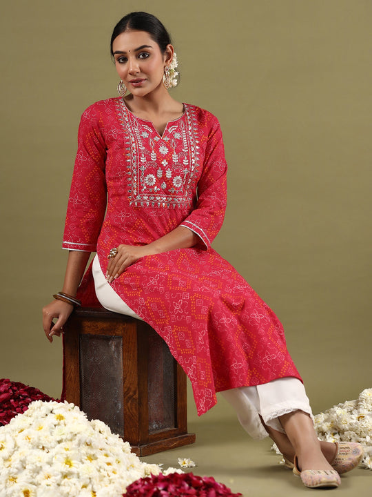 Indo Era Magenta Embroidered Straight Kurtas