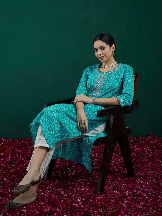 Indo Era Sea Green Printed Straight Kurtas