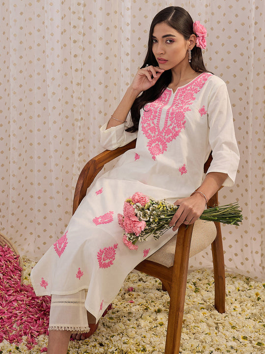 Indo Era White Embroidered Straight Kurtas