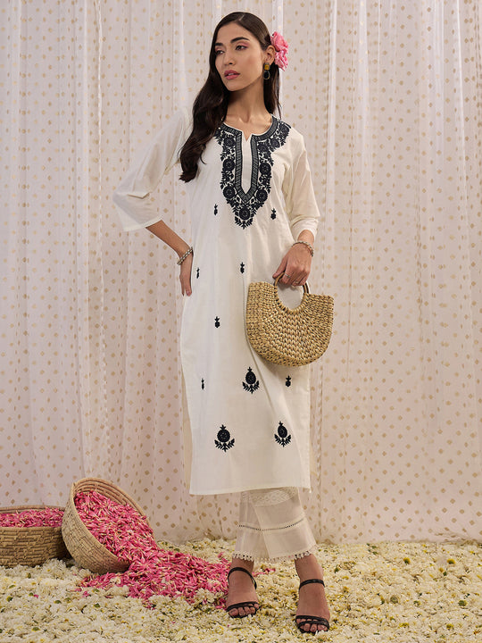 Indo Era White Embroidered Straight Kurtas