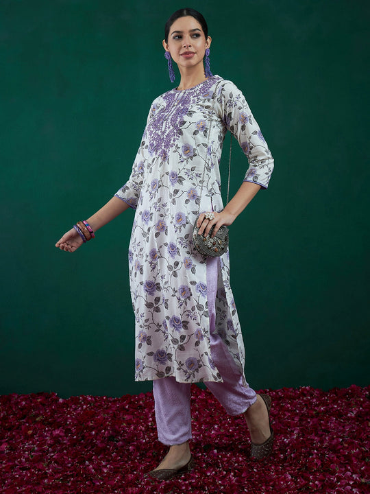 Indo Era Off White Printed Straight Kurtas