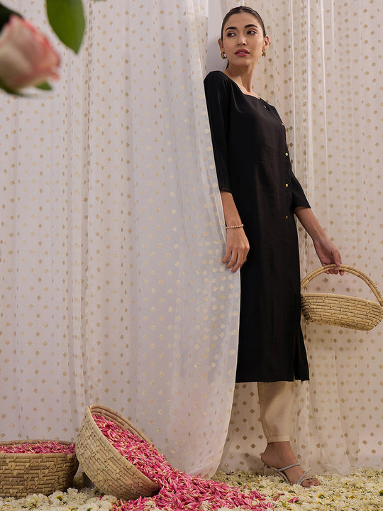 Indo Era Black Solid Straight Kurtas