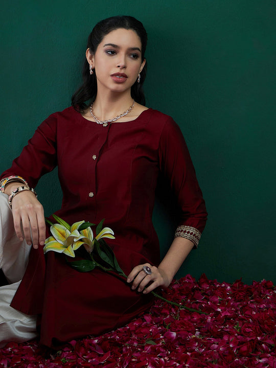 Indo Era Maroon Embroidered A-Line Kurtas