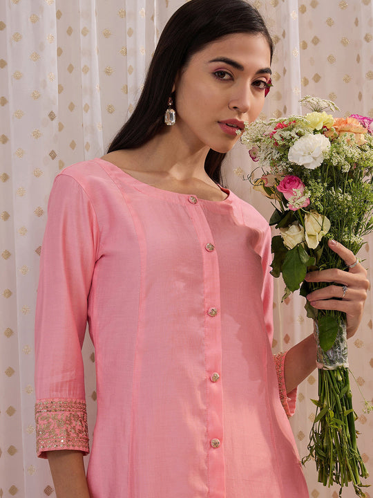 Indo Era Pink Embroidered A-Line Kurtas