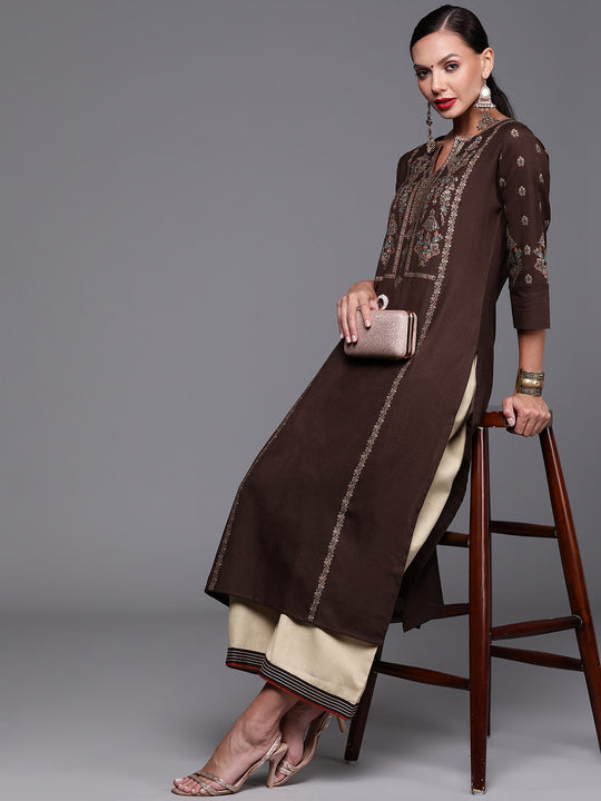 Indo Era Brown Foil Printed Straight Kurtas